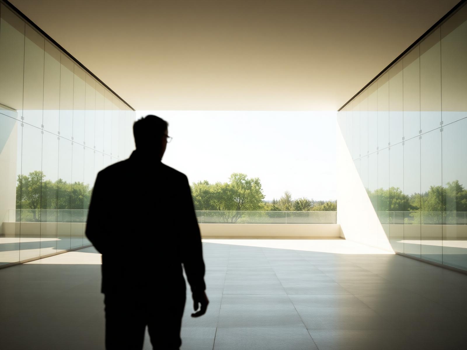 A person walking toward a bright open horizon framed by glass walls — a path to freedom